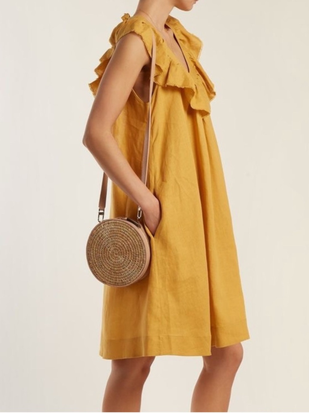 Linen Three Graces London ruffle neck scoop back tie neck yellow summer dress